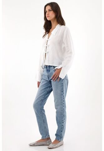 Tennis Camisa En 100% Lino Con Tiras Que Anudan En Frente Blanca Para Mujer Tennis