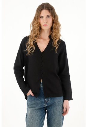 Tennis Camisa Negra Cuello Neru En 100% Lino Para Mujer