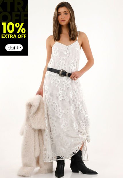 Vestido Largo En Tela Tipo Malla Con Brillo Para Mujer
