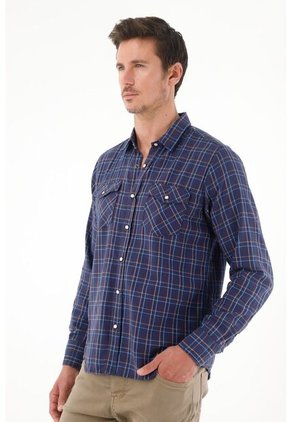 Tennis Camisa A Cuadros Cuello Clásico Azul Para Hombre