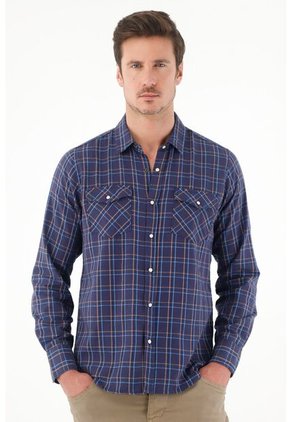 Tennis Camisa A Cuadros Cuello Clásico Azul Para Hombre