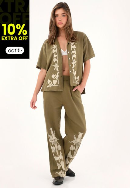 Pantalón Verde Recto Estampado En Bota Para Mujer