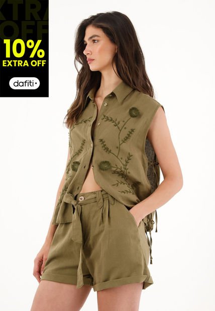 Bermuda Verde En 100% Lino Para Mujer
