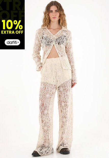 Pantalón Wide Leg En Encaje Crudo Para Mujer