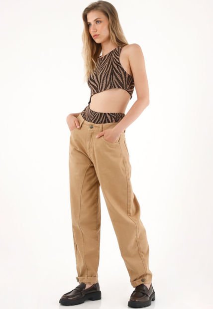 Pantalón Horseshoe Café Con Charreteras En Bota Para Mujer