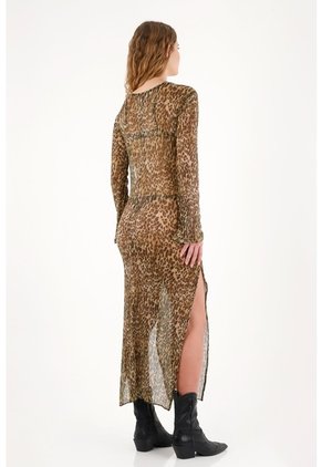 Vestido Largo Traslúcido Animal Print Para Mujer