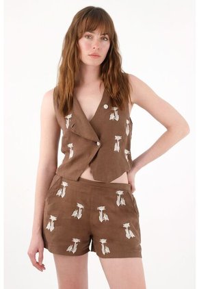 Tennis Chaleco En 100% Lino Con Bordado Café Para Mujer