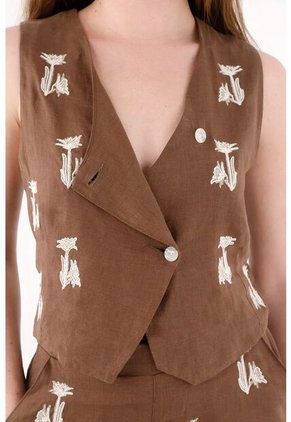 Tennis Chaleco En 100% Lino Con Bordado Café Para Mujer