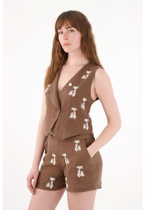 Tennis Chaleco En 100% Lino Con Bordado Café Para Mujer