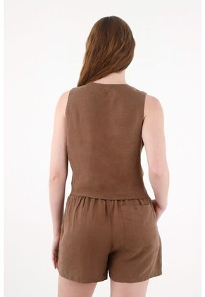 Tennis Chaleco En 100% Lino Con Bordado Café Para Mujer