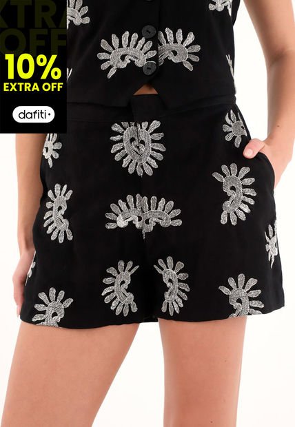 Bermuda Corta Con Brillos Y Bordados Para Mujer