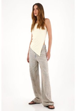 Tennis Jean Wide Leg De Tiro Alto Con Desgastes Y Textura Para Mujer