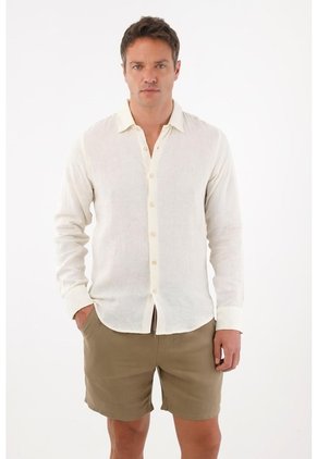 Tennis Camisa En 100% Lino Manga Larga Crudo Con Detalle Fruncido Para Hombre