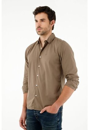Camisa Café Manga Larga Para Hombre