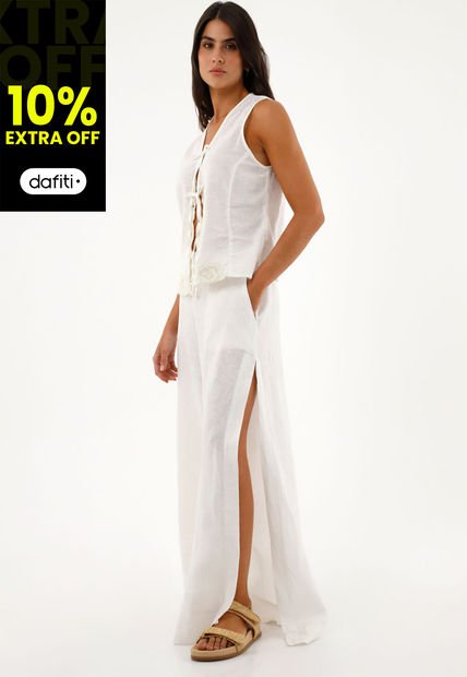 Pantalón Wide Leg En 100% Lino Para Mujer