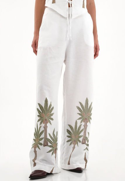 Pantalón Wide Leg Blanco Con Bordado En Bota Para Mujer