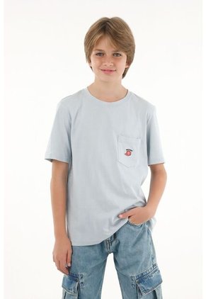 Camiseta Azul Con Bordado Y Bolsillo Para Niño
