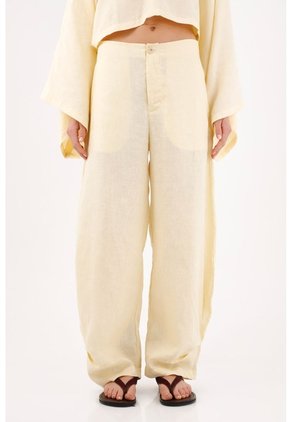 Tennis Pantalón Pierna Ancha Con Caída Fluida En Lino Amarillo Para Mujer
