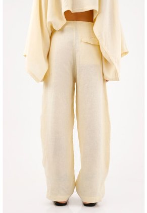Tennis Pantalón Pierna Ancha Con Caída Fluida En Lino Amarillo Para Mujer