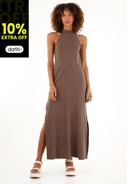 Vestido Café Largo En Rib Para Mujer
