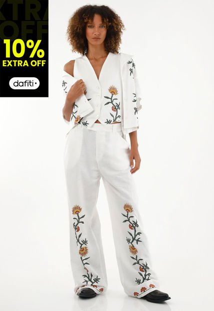 Pantalón Recto De Tiro Medio Con Bordados Para Mujer