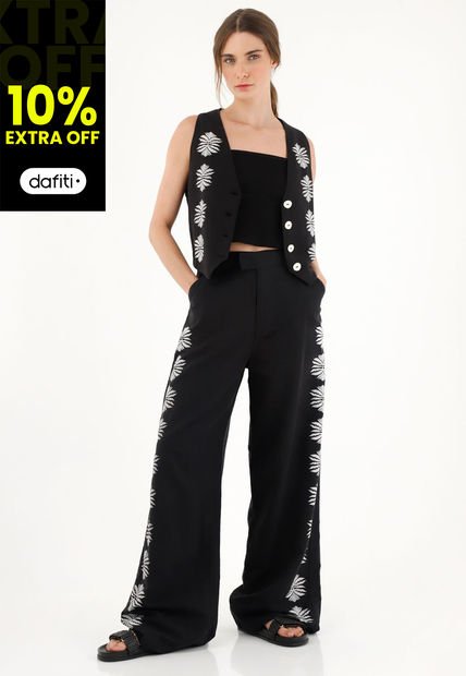 Pantalón Recto Con Manualidad Negro Para Mujer