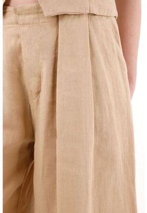 Tennis Pantalón Wide Leg En 100% Lino Con Tablas Crudo Para Mujer