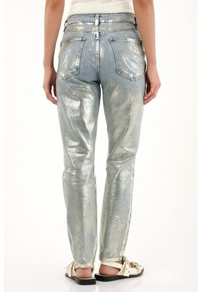 Tennis Jean Mom Tiro Alto Efecto Foil Dorado Para Mujer