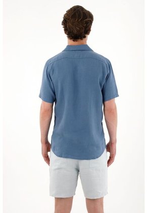 Tennis Camisa Manga Corta En 100% Lino Azul Para Hombre