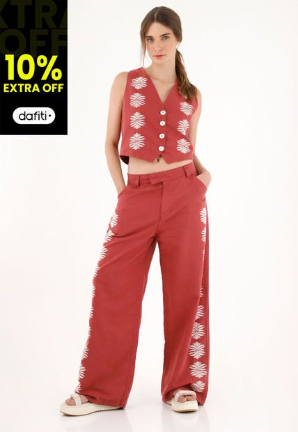 Pantalón Recto Con Manualidad Rojo Para Mujer