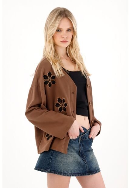 Tennis Buzo Tipo Cárdigan Con Flores Café Para Mujer