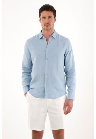 Tennis Camisa En 100% Lino De Manga Larga Azul Para Hombre Tennis