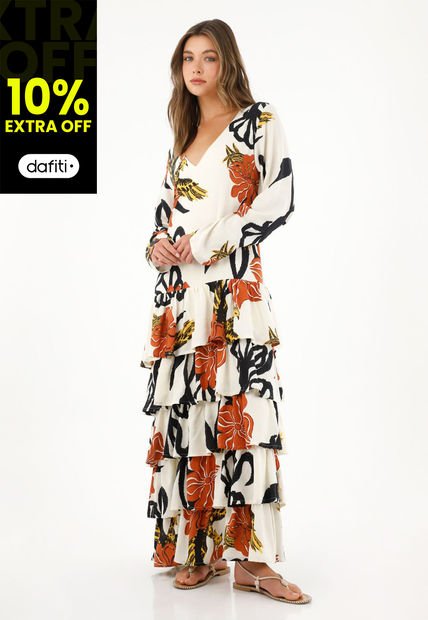Vestido Largo Estampado Con Boleros Para Mujer
