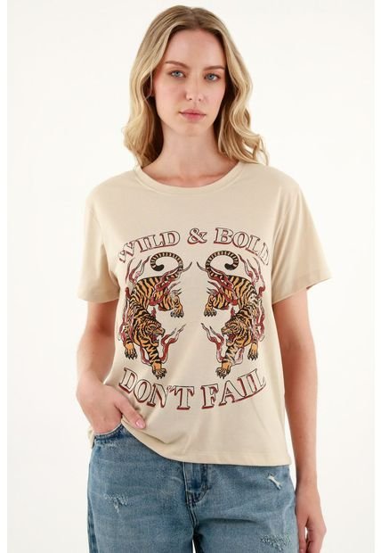 Camiseta Básica Café Estampada Para Mujer