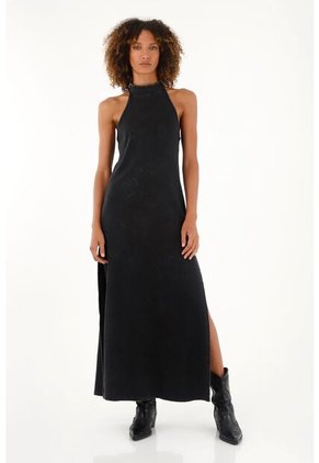Vestido Negro Largo De Cuello Alto Para Mujer