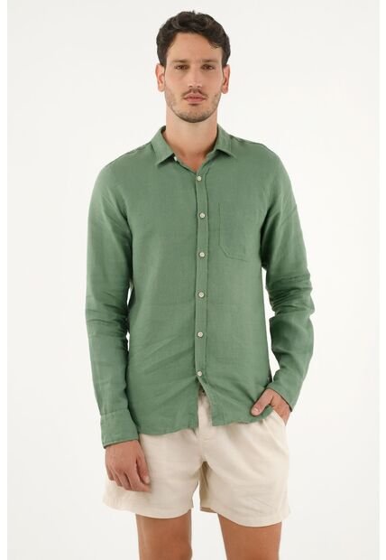 Camisa Verde En 100% Lino Para Hombre