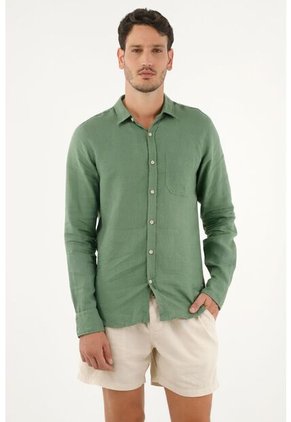 Camisa Verde En 100% Lino Para Hombre