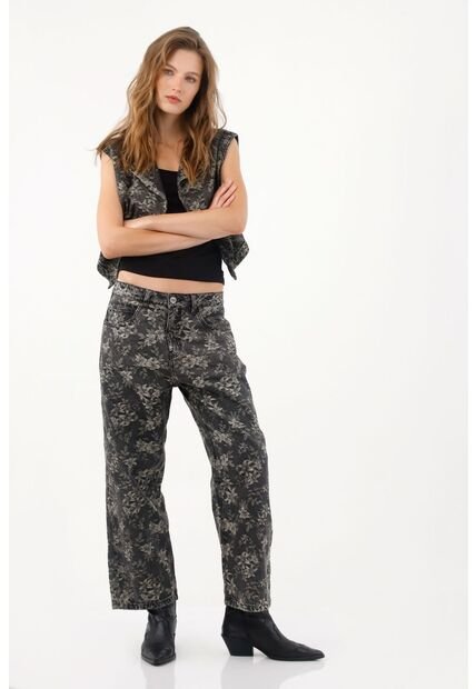 Tennis Jeans Wide Leg Con Estampado Floral En Algodón Negro Para Mujer