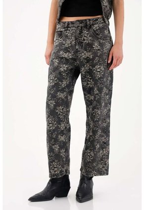 Tennis Jeans Wide Leg Con Estampado Floral En Algodón Negro Para Mujer