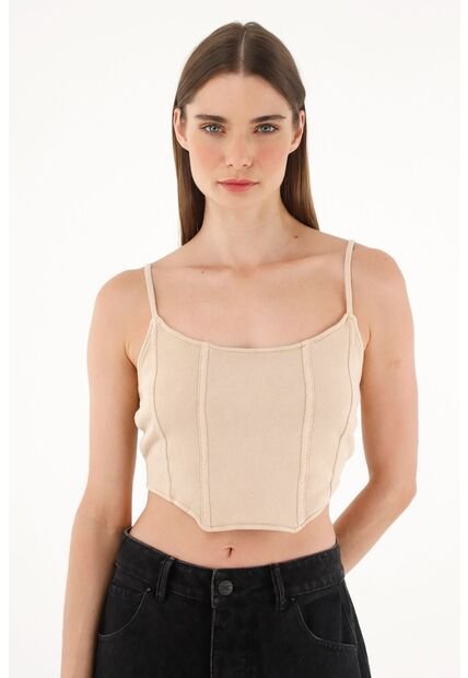 Camiseta Crudo En Rib Tipo Crop Para Mujer