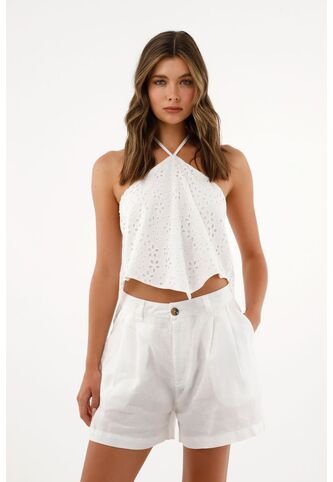 Tennis Bermuda Blanca Tiro Alto En 100% Lino Para Mujer Tennis