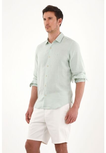 Tennis Camisa En 100% Lino Con Bordado Verde Para Hombre