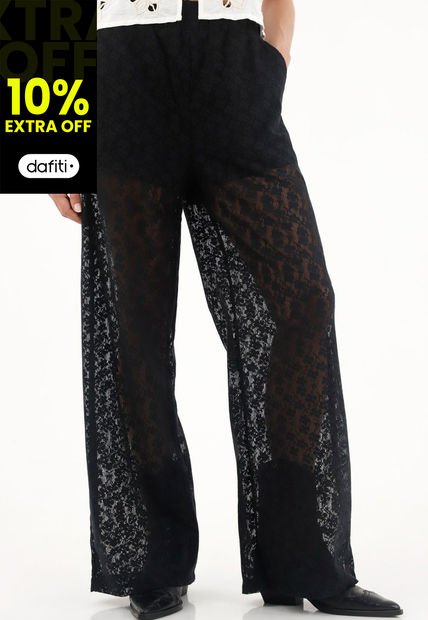 Pantalón Recto Negro En Encaje Para Mujer