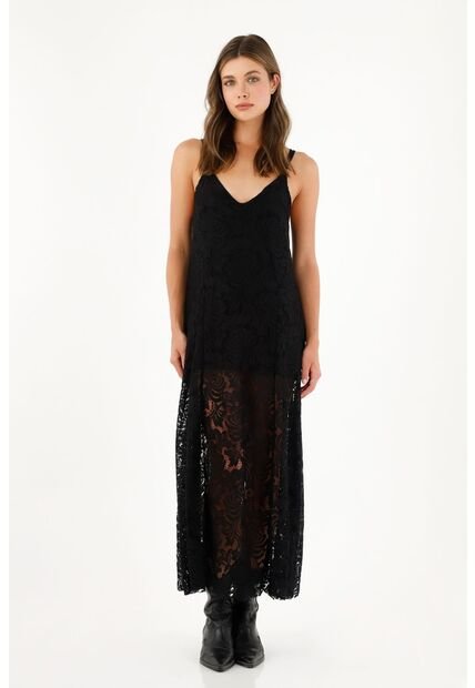 Vestido Negro Largo En Encaje Para Mujer