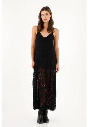 Vestido Negro Largo En Encaje Para Mujer