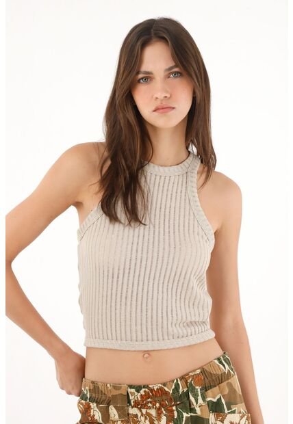 Tennis Camiseta Manga Sisa En Tejido Acanalado Café Para Mujer