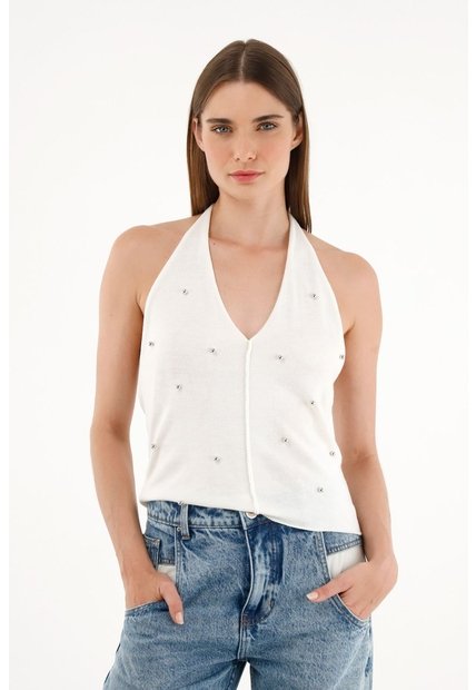Tennis Camiseta Tejida Crudo Con Apliques De Brillo Para Mujer
