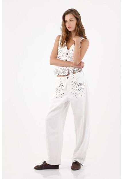 Tennis Pantalón Wide Leg Con Taches Metálicos En Algodón Blanco Para Mujer