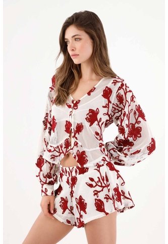 Tennis Camisa Fit Relajado Con Malla Floral En Poliéster Blanco Con Flores Rojas Para Mujer Tennis