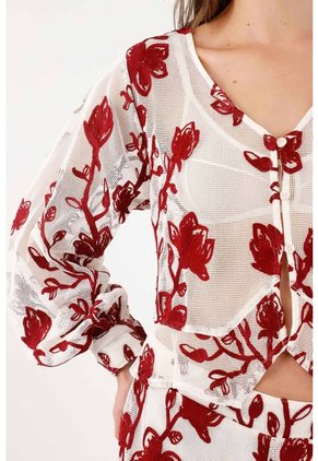Tennis Camisa Fit Relajado Con Malla Floral En Poliéster Blanco Con Flores Rojas Para Mujer